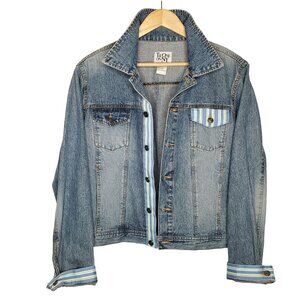 Womens Denim Jacket Sz XL Jean Trucker Striped Ribbon Accent Pocket Cuffs